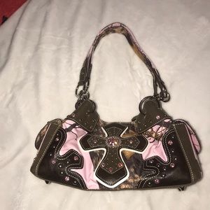 Pink Camo Embellished Purse with Cross
